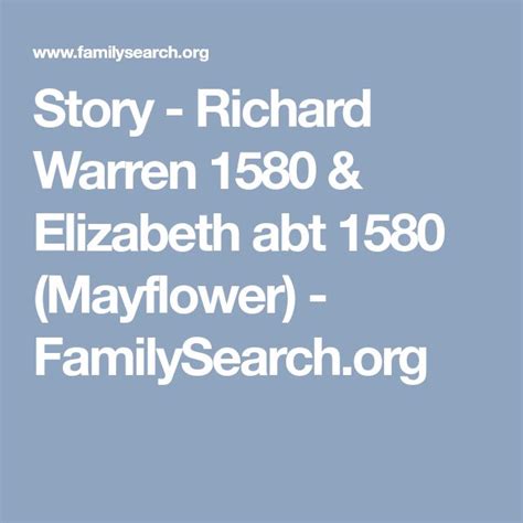 Story - Richard Warren 1580 & Elizabeth abt 1580 (Mayflower) - FamilySearch.org | Richard warren ...