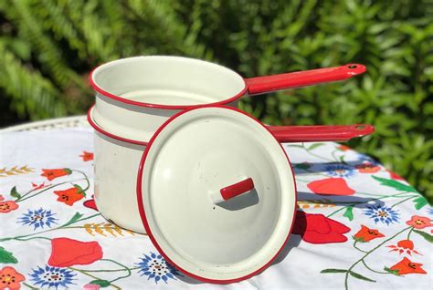 Vintage Red White Enamelware Pan, Enamel ware Double boiler, Enamel pan set, rustic farmhouse ...