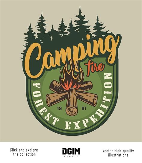 Colorful Camping Vector Emblem Design with a bonfire. Fully editable text & Super quality. CLICK ...