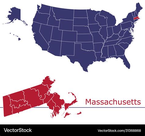 Massachusetts map counties with usa map Royalty Free Vector