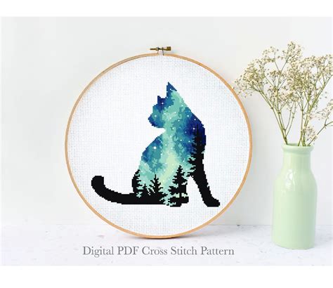 Cat Silhouette Cross Stitch Pattern Animal Night Landscape - Etsy