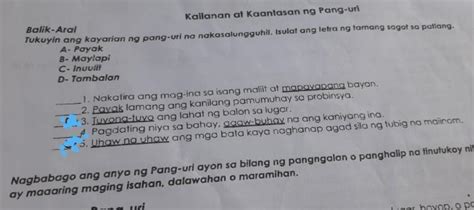 A-PAYAK B- MAYLAPI C-INUULIT D-TAMBALAN 1. MAPAYAPANG 2. PAYAK 3. AGAW BUHAY - Brainly.ph