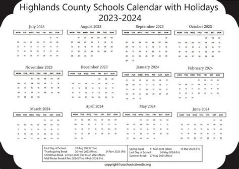 Highlands County Schools Calendar with Holidays 2023-2024