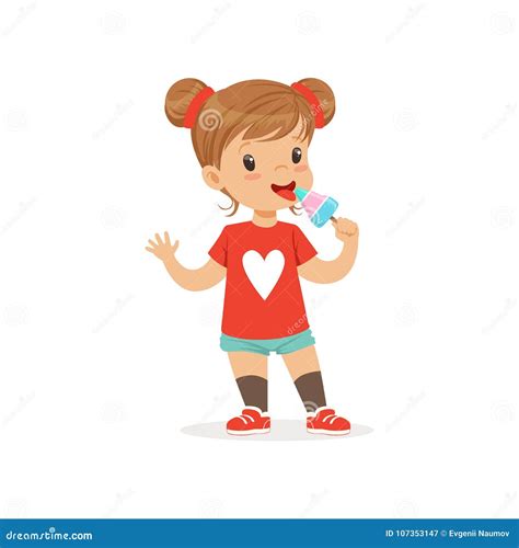 Adorable Baby Girl Eating Ice-cream on Stick. Cartoon Kid Stock Vector - Illustration of ...