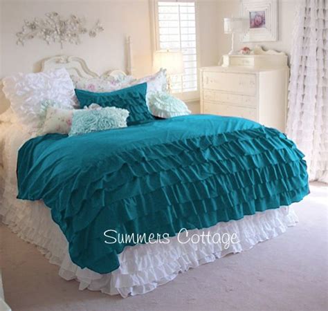 3 PIECE FULL / QUEEN AQUA TEAL TURQUOISE RUFFLED DUVET COMFORTER COVER ...