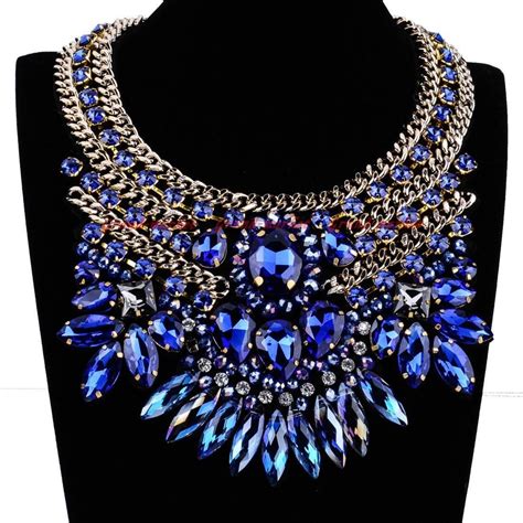 Fashion Gold Chain Blue Glass Crystal Charm Chunky Choker Statement Bib ...