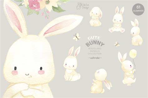 BUNNY clipart. Watercolor woodland nursery png By OlliArtDesign | TheHungryJPEG