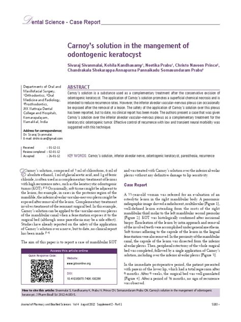 Carnoy's Solution in The Management of Odontogenic Keratocyst | PDF | Surgery | Biopsy