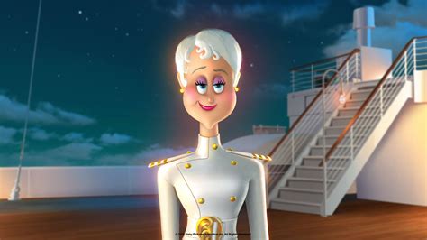 a cartoon character standing in front of a stair case on the deck of a ship