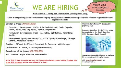 Ciron Drugs & Pharmaceuticals : Walk In Interview for Formulation ...