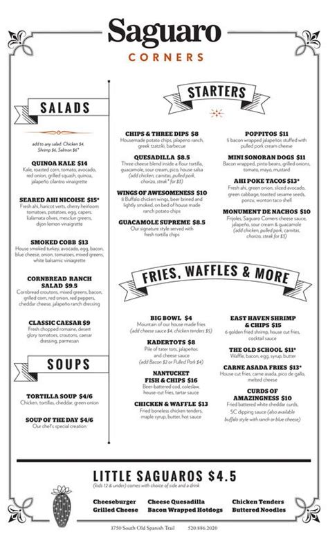 Saguaro Corners Restaurant & Bar menu in Tucson, Arizona, USA