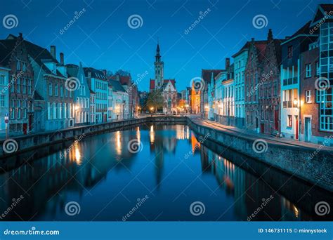 Spiegelrei Canal at Night, Brugge, Flanders, Belgium Stock Image - Image of eyckplein, buildings ...