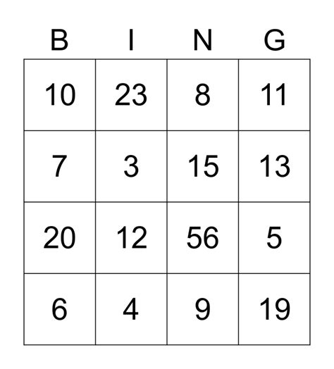 numbers Bingo Card