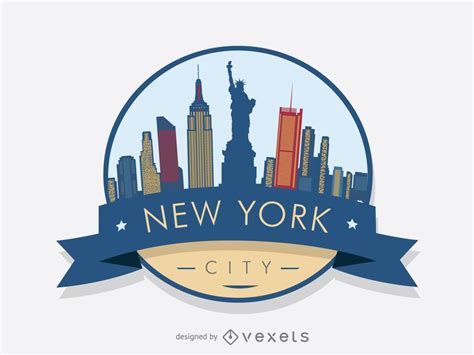 New York logo badge with major city landmarks and buildings. The design comes with a ribbon and ...