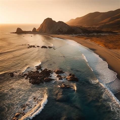 Premium AI Image | A beach with a rocky coastline and a sunset sky