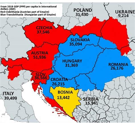 Map showing GDP (PPP) per capita (2018) of countries that once belonged or had parts of their ...