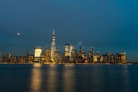 Lower Manhattan New York City Skyline at Night with the Moon Stock ...