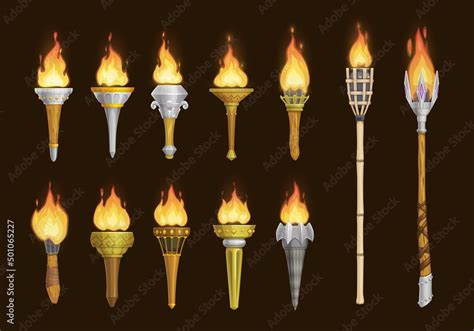 Cartoon medieval torches, vector game assets of ancient torch lanterns ...