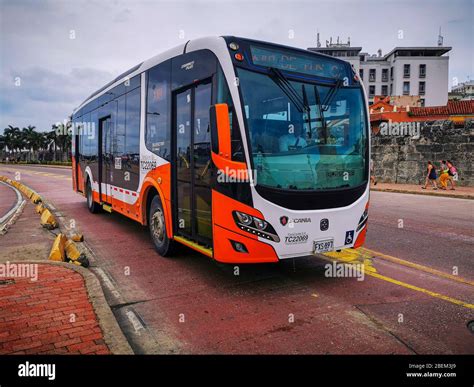 CARTAGENA, COLOMBIA - NOVEMBER 12, 2019: Bus in the colorful historic city centre, which itself ...