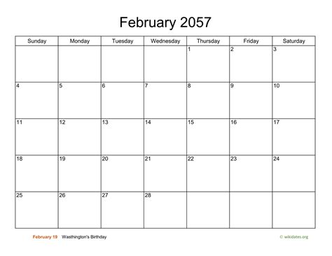 Basic Calendar for February 2057 | WikiDates.org