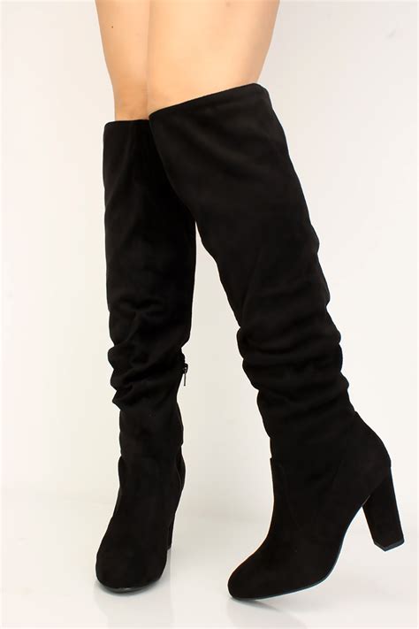 Black Ruched Faux Suede Chunky High Heel Boots - Women of Edm