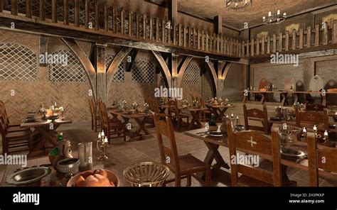 3D illustration medieval castle great hall interior Stock Photo - Alamy