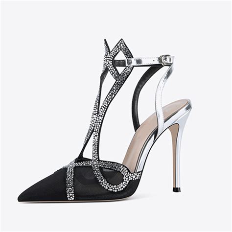 China 2022 New design custom made pointed blackupper silver high heel crystal sandals factory ...