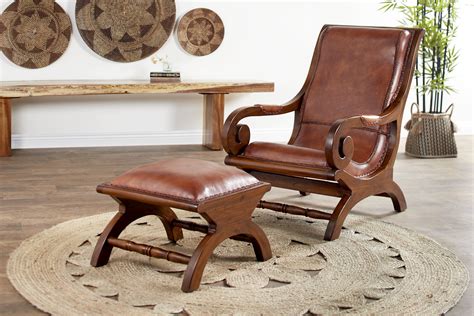 DecMode Large Teak Wood & Brown Leather Chair with Ottoman Set, 36” x 36” & 20” x 15” - Walmart ...