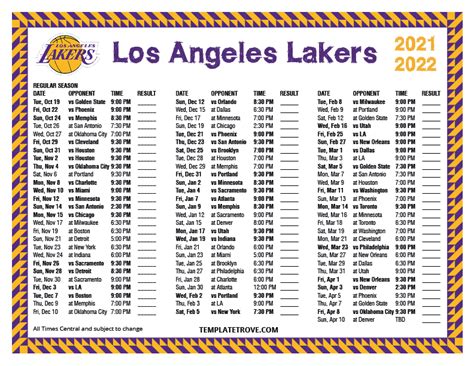 Printable 2021-2022 Los Angeles Lakers Schedule