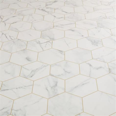 White Marble Gold Grout Hexagon Sheet Vinyl Flooring Carrara Bianca Esagono