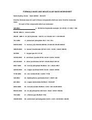 Copy of Worksheet - Formula Mass.docx - FORMULA MASS AND MOLECULAR MASS WORKSHEET Name Sydney ...