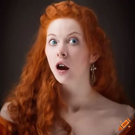 Redhead woman in a medieval gown looking surprised