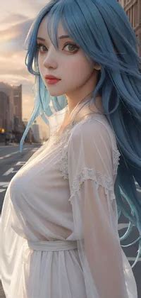 Blue-haired Anime City Girl in White Dress Live Wallpaper