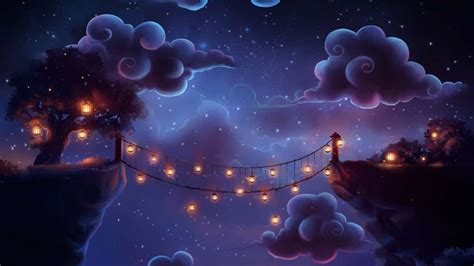 Download Beautiful Magical Night Sky With Many Lanterns On Bridge Wallpaper | Wallpapers.com