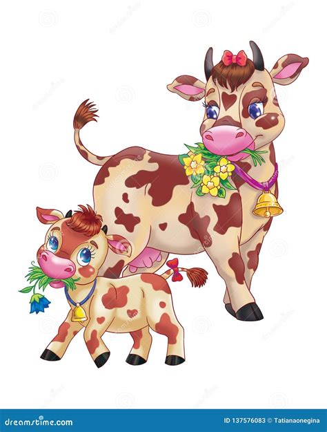 Pretty Cartoon Cow Mother and Her Child Calf on a White Background ...