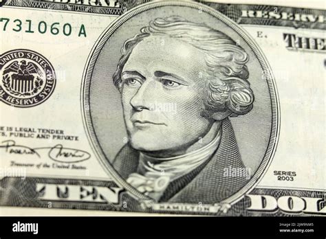 Alexander Hamilton on the US ten dollar bill close up macro Stock Photo - Alamy