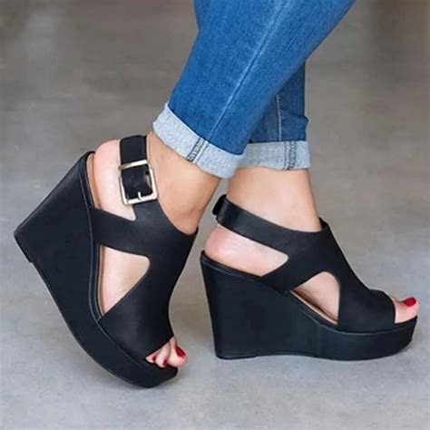 US$ 46.88 - Peep Toe Buckle Strap Wedge Sandals - m.lokeeda.com | Heel sandals outfit, Wedge ...