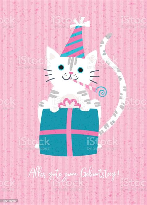 Birthday Card Cute White Cat With Gift Box And Party Hat On White ...