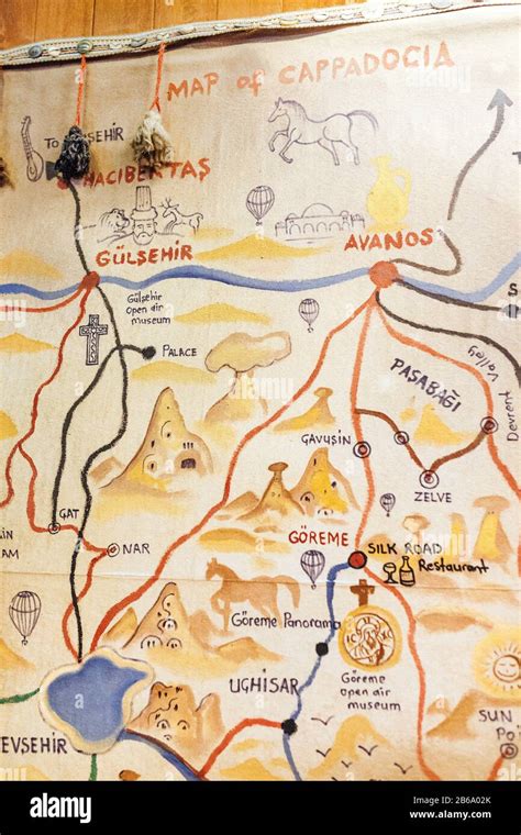 SEPTEMBER 2017, CAPPADOCIA, TURKEY: Tourist fantasy vintage map of Cappadocia region Stock Photo ...