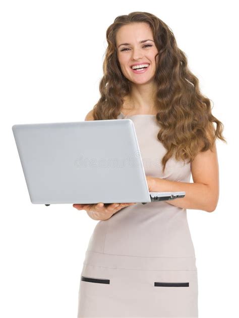 Smiling Young Woman Holding Laptop Stock Image - Image of elegant, smile: 29264897