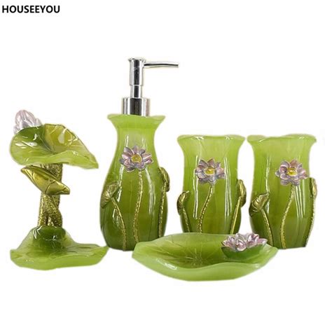 Green Bathroom Sets Water Lily Bathroon Accessory Set Soap Dish Toothbrush Holder Tumbler 5pcs ...