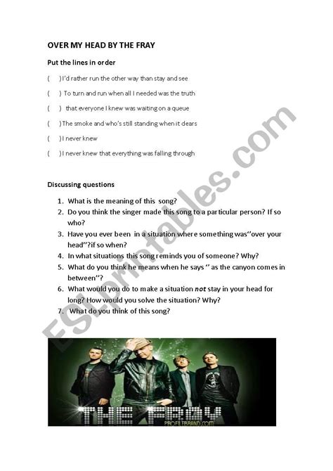 Over my head by The Fray worksheet - ESL worksheet by lieege