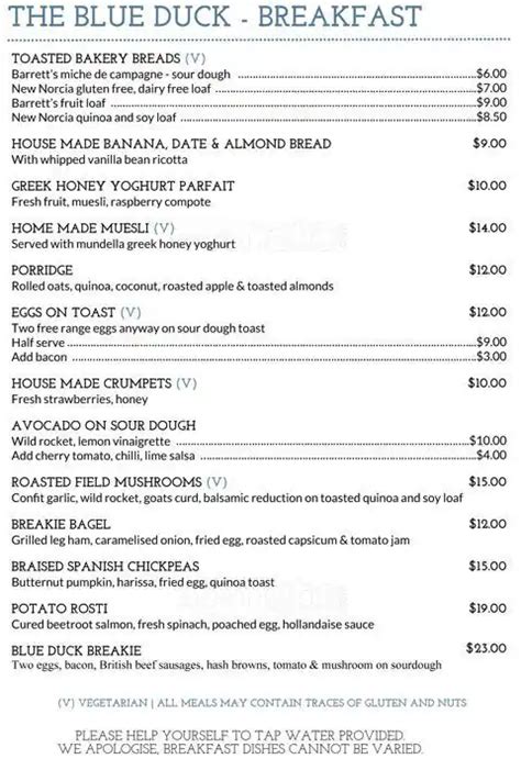 The Blue Duck Menu, Menu for The Blue Duck, Cottesloe, Perth ...