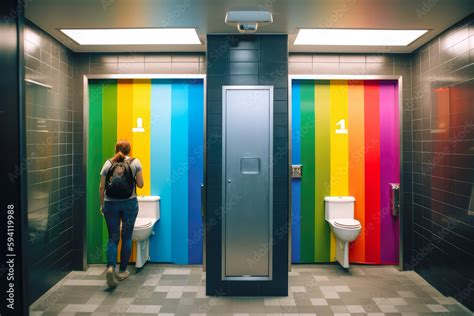 girl, young woman using first time a gender neutral unisex toilet, public toilet facility ...