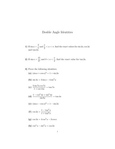 Double Angle Identities Worksheet (with solutions) | Teaching Resources