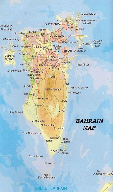 Detailed road and elevation map of Bahrain | Bahrain | Asia | Mapsland | Maps of the World