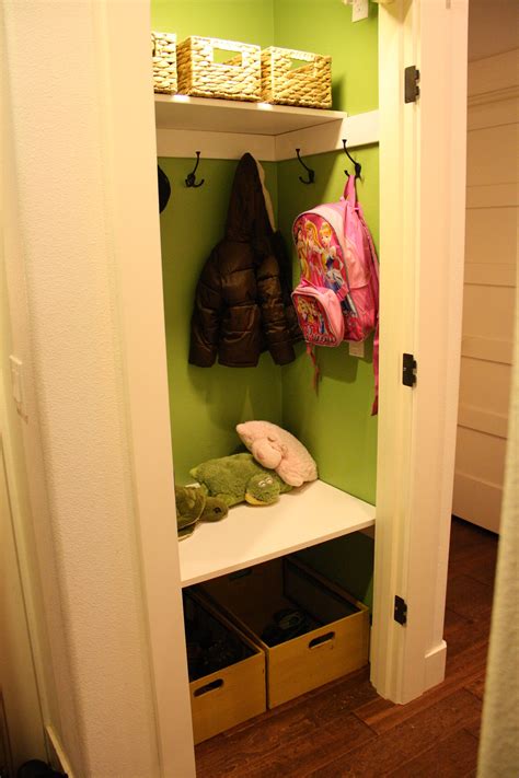 My first pinterest project! Closet made into mini mudroom for the kids. They actually like to ...