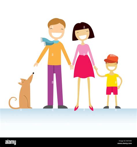 Happy family members parents, their son and a dog. Lovely cartoon ...