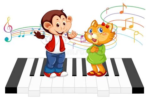 Cute Monkey and Cat Cartoon Character Standing on Piano Stock Vector ...