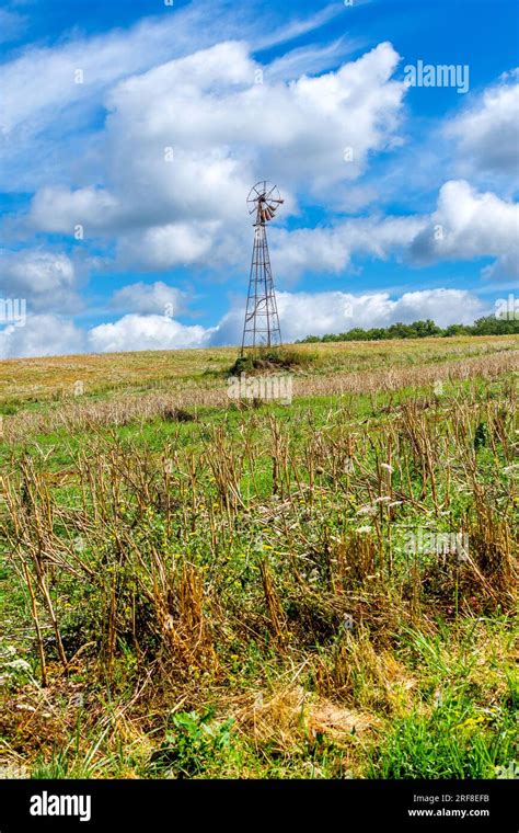 Old broken wind powered water pump on farmland - Bossay-sur-Claise, Indre-et-Loire (37), France ...